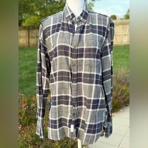 Denim & Flower Ladies Boyfriend Navy Plaid Flannel in Size L